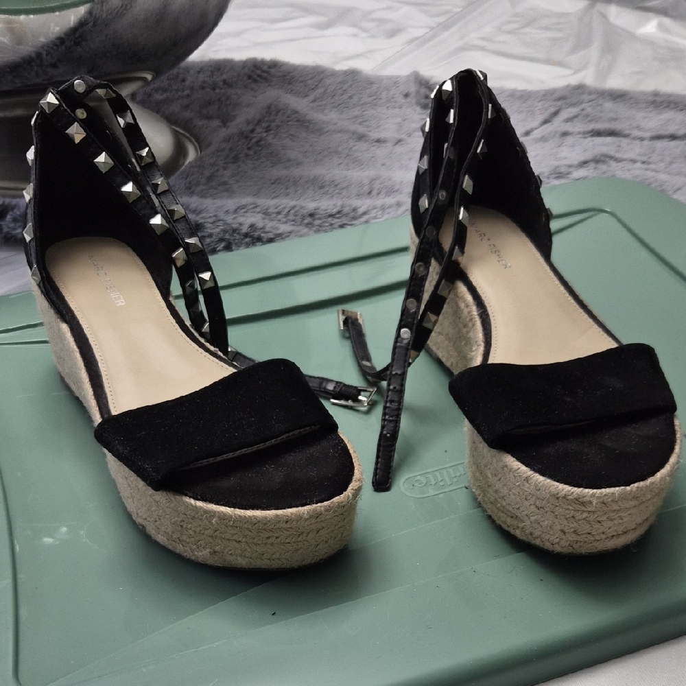 Marc Fisher Black Studded Espadrille Wedge Sandals